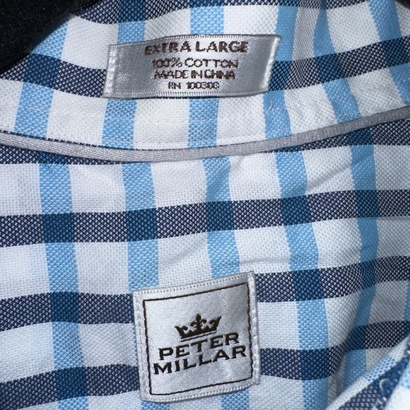 Peter Millar Mens XL Blue White Check Button Down Shirt Cotton Long Sleeve - Picture 3 of 5